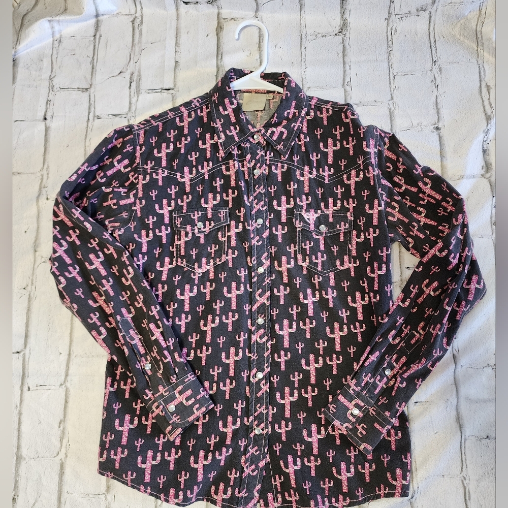 Black Denim Button-Up Shirt with Pink Cactus Print